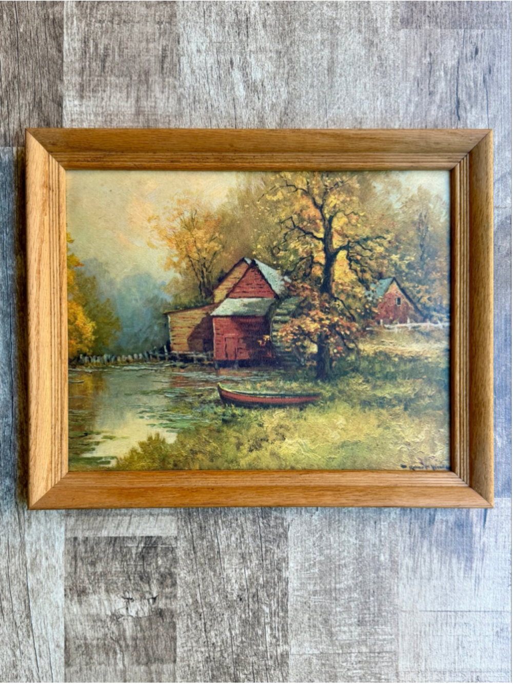 Vintage Framed Art Print Watermill Grist Mill Canoe Landscape Robert Wood Signed
